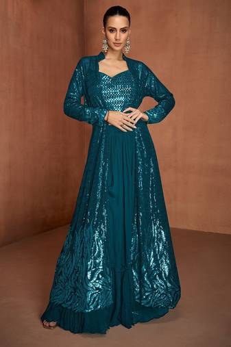 Blue georgette sequins work semi stitched salwar suits suits size up to 42