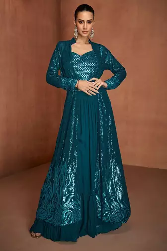Blue georgette sequins work semi stitched salwar suits suits size up to 42