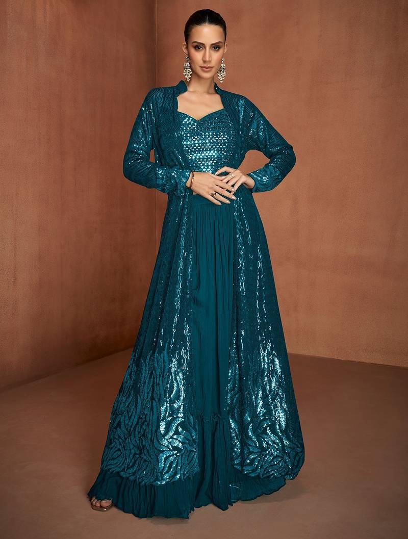 Blue georgette sequins work semi stitched salwar suits suits size up to 42