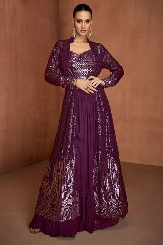 Wine georgette sequins work semi stitched salwar suits suits size up to 42