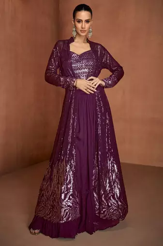 Wine georgette sequins work semi stitched salwar suits suits size up to 42
