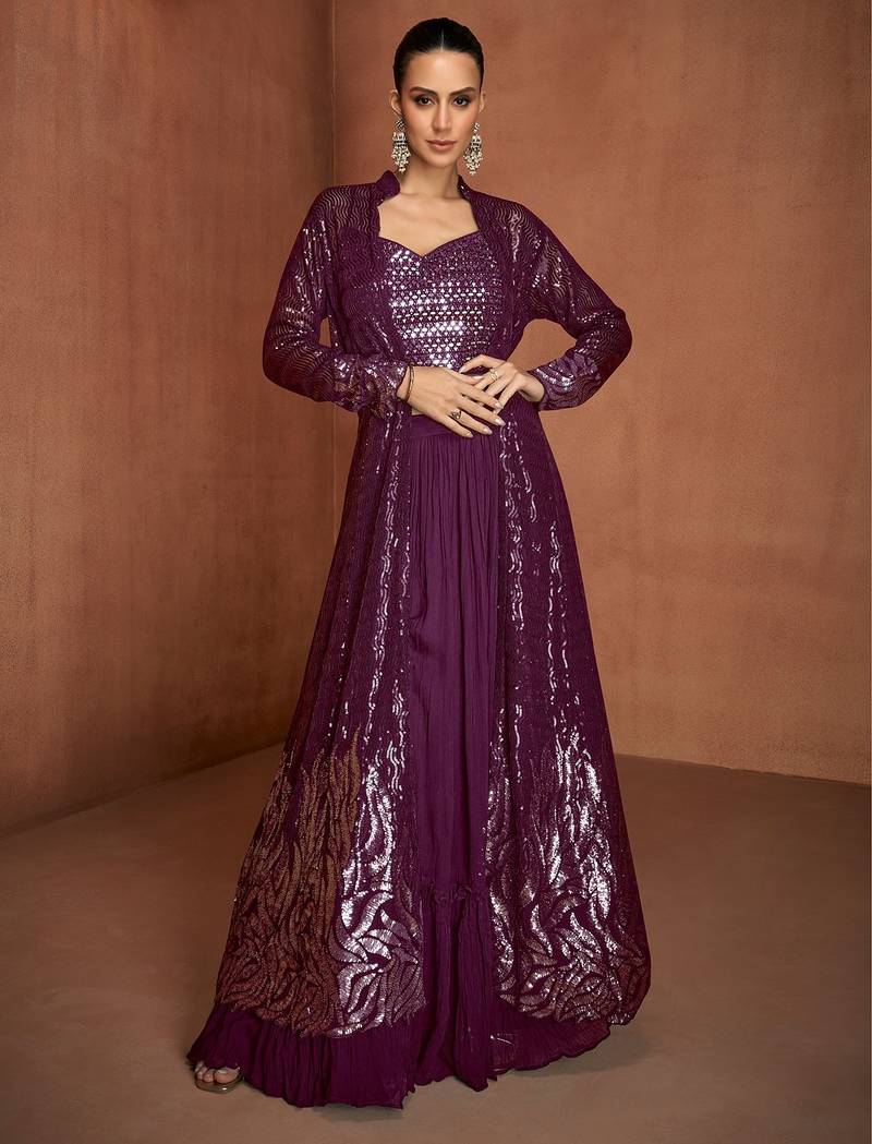 Wine georgette sequins work semi stitched salwar suits suits size up to 42