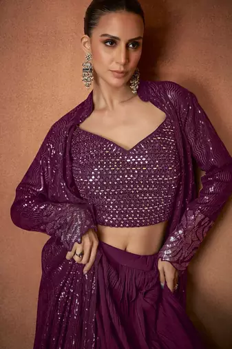 Wine georgette sequins work semi stitched salwar suits suits size up to 42