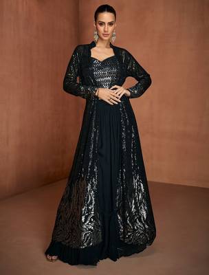 Black georgette sequins work semi stitched salwar suits suits size up to 42 1