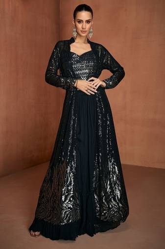 Black georgette sequins work semi stitched salwar suits suits size up to 42