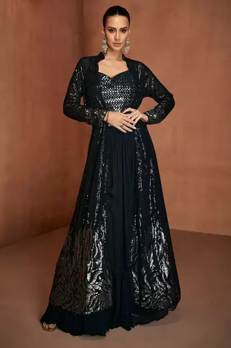 Black georgette sequins work semi stitched salwar suits suits size up to 42