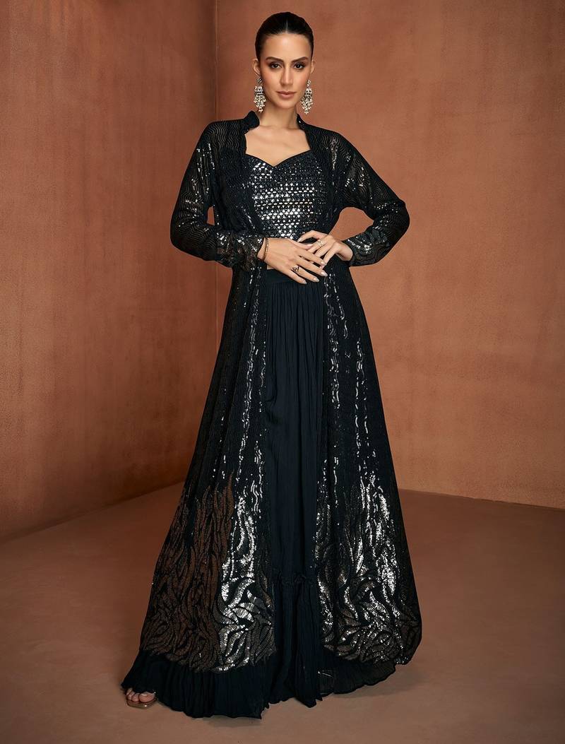 Black georgette sequins work semi stitched salwar suits suits size up to 42