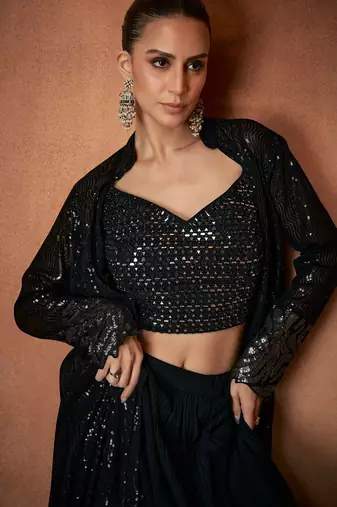 Black georgette sequins work semi stitched salwar suits suits size up to 42