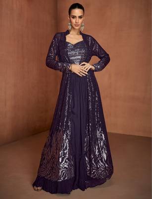 Purple georgette sequins work semi stitched salwar suits suits size up to 42 1