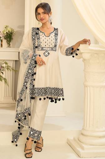 Off white silk mirror work semi stitched salwar suits suits size up to 42