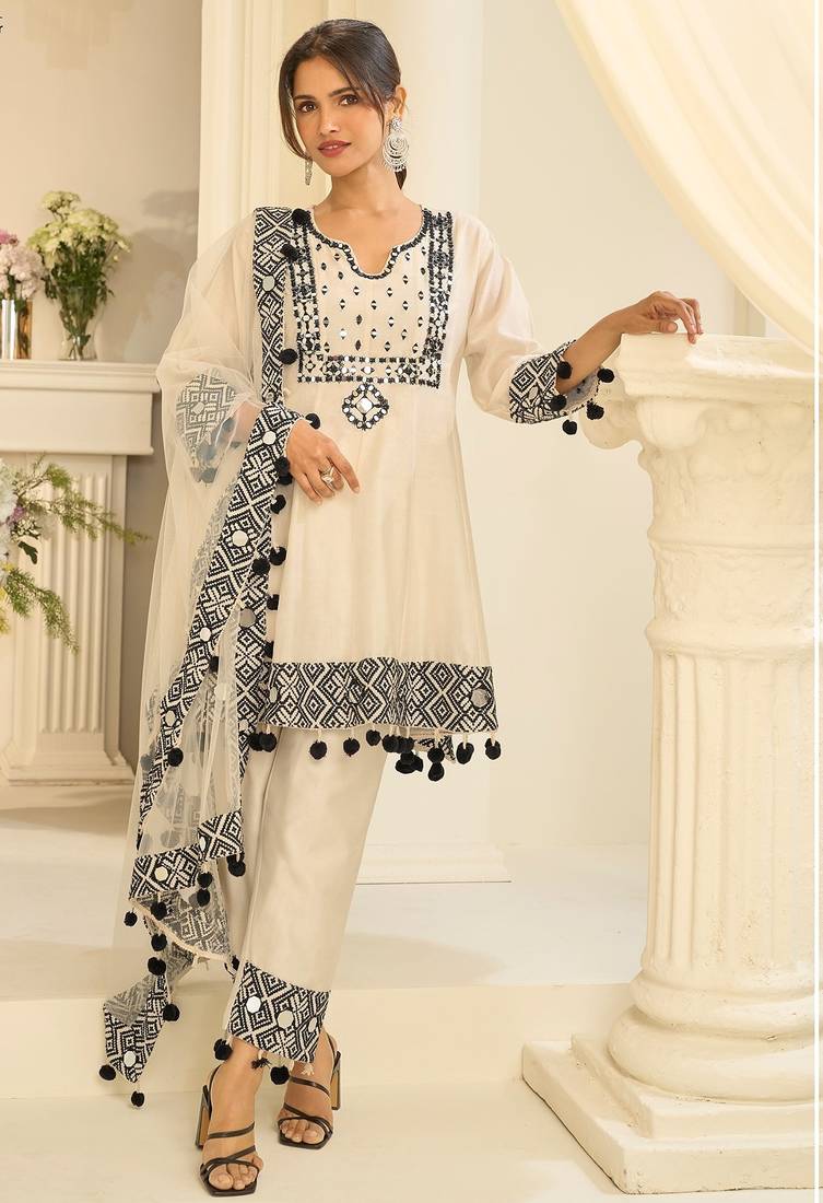 Off white silk mirror work semi stitched salwar suits suits size up to 42