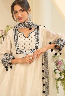 Off white silk mirror work semi stitched salwar suits suits size up to 42 2
