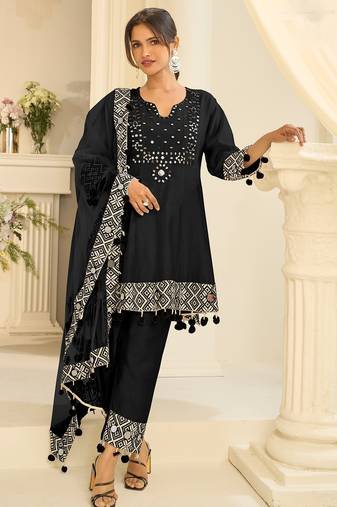 Black silk mirror work semi stitched salwar suits suits size up to 42