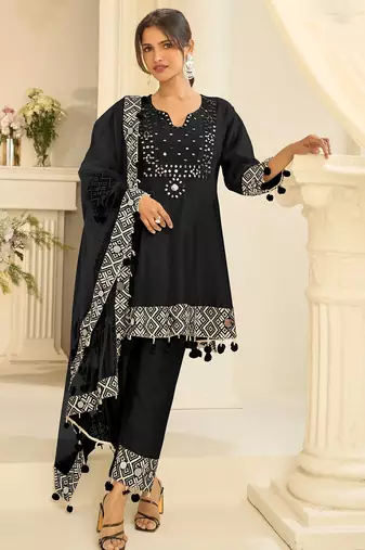Black silk mirror work semi stitched salwar suits suits size up to 42