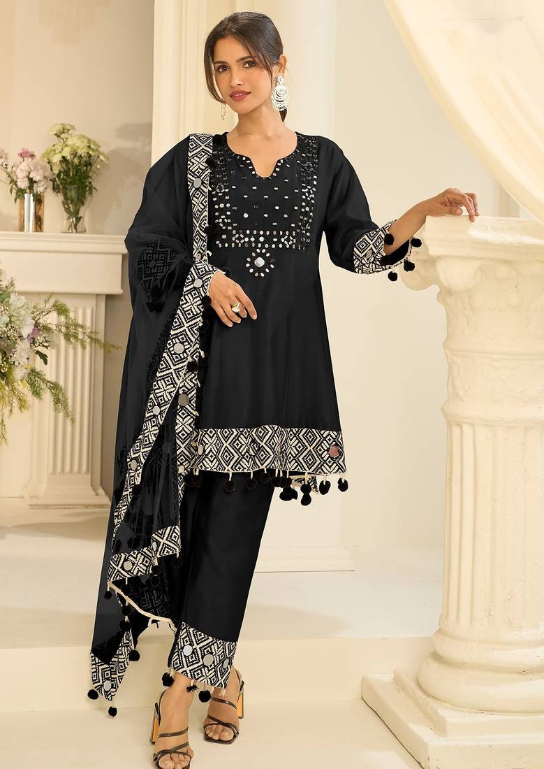 Black silk mirror work semi stitched salwar suits suits size up to 42