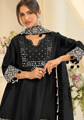Black silk mirror work semi stitched salwar suits suits size up to 42 2