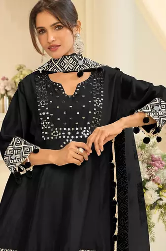 Black silk mirror work semi stitched salwar suits suits size up to 42