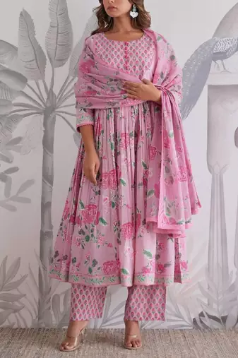 Anarkali cotton printed hand work embroidered kurta with pant and dupatta for women 