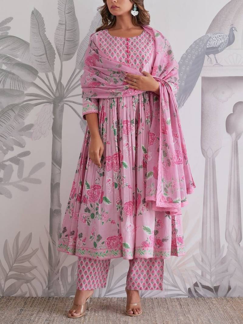 Anarkali cotton printed hand work embroidered kurta with pant and dupatta for women 