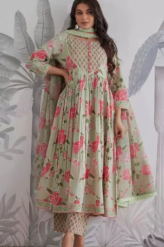 Anarkali cotton printed hand work embroidered kurta with pant and dupatta for women 