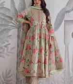 Anarkali cotton printed hand work embroidered kurta with pant and dupatta for women 