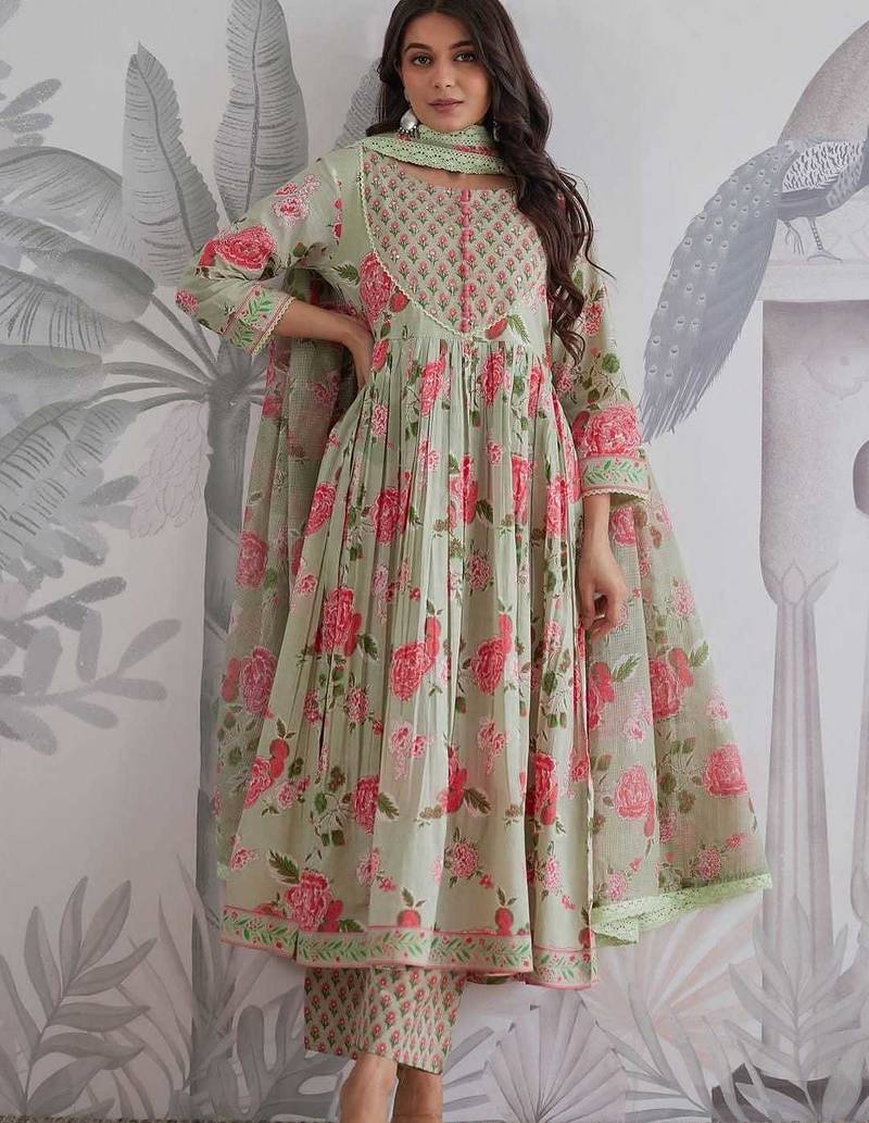 Anarkali cotton printed hand work embroidered kurta with pant and dupatta for women 