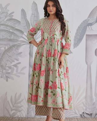 Anarkali cotton printed hand work embroidered kurta with pant and dupatta for women  4