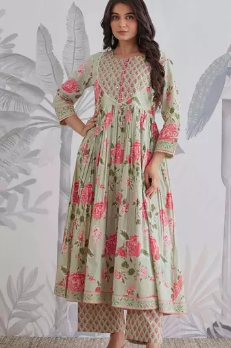 Anarkali cotton printed hand work embroidered kurta with pant and dupatta for women 