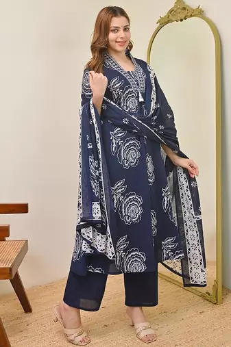 Anarkali cotton printed kurta with pant and dupatta for women 