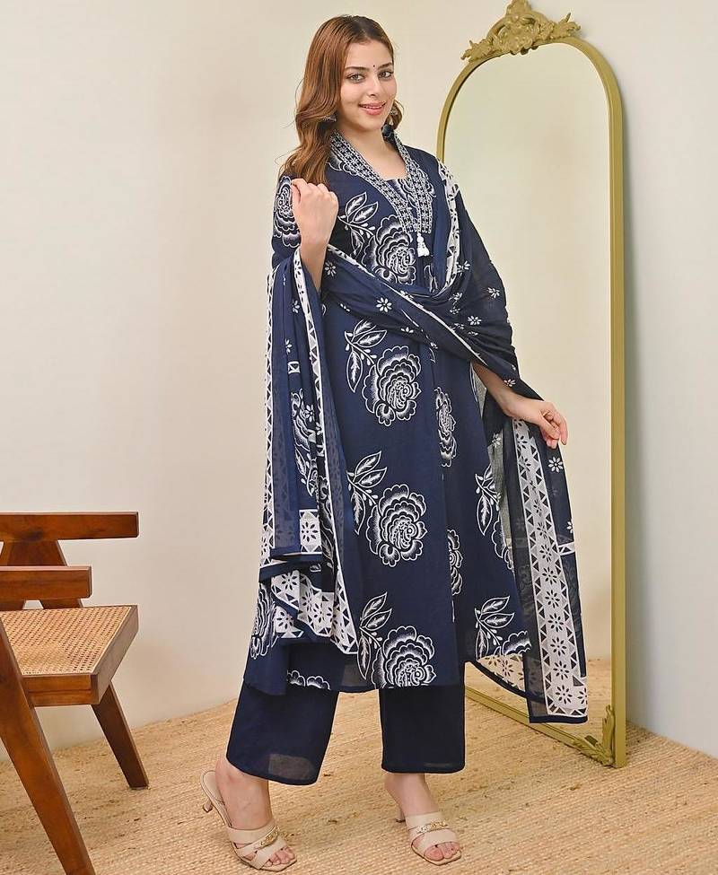 Anarkali cotton printed kurta with pant and dupatta for women 