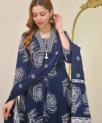Anarkali cotton printed kurta with pant and dupatta for women  3