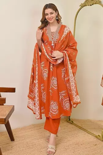 Anarkali cotton printed kurta with pant and dupatta for women 