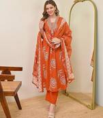 Anarkali cotton printed kurta with pant and dupatta for women 