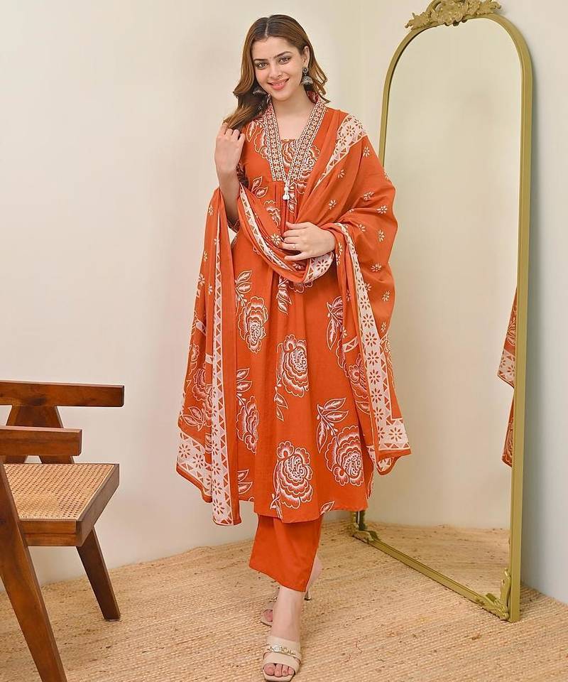 Anarkali cotton printed kurta with pant and dupatta for women 