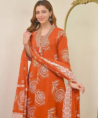 Anarkali cotton printed kurta with pant and dupatta for women  2