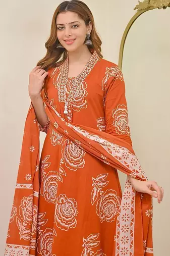 Anarkali cotton printed kurta with pant and dupatta for women 