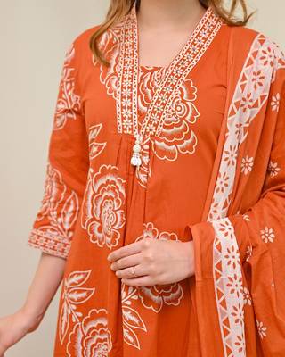 Anarkali cotton printed kurta with pant and dupatta for women  3
