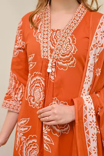 Anarkali cotton printed kurta with pant and dupatta for women 