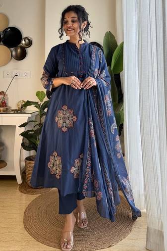Anarkali cotton printed hand work embroidered kurta with pant and dupatta for women 