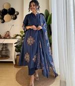 Anarkali cotton printed hand work embroidered kurta with pant and dupatta for women 