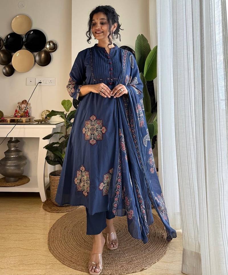 Anarkali cotton printed hand work embroidered kurta with pant and dupatta for women 