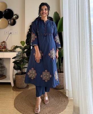 Anarkali cotton printed hand work embroidered kurta with pant and dupatta for women  2