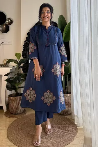 Anarkali cotton printed hand work embroidered kurta with pant and dupatta for women 