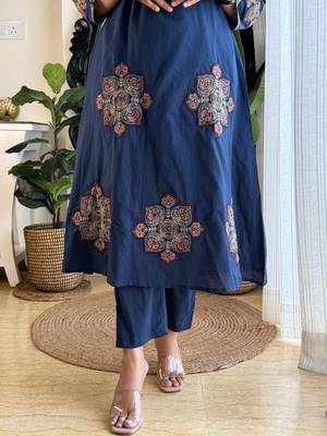 Anarkali cotton printed hand work embroidered kurta with pant and dupatta for women  3