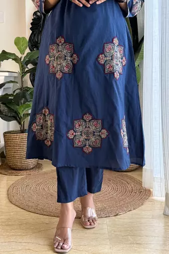 Anarkali cotton printed hand work embroidered kurta with pant and dupatta for women 