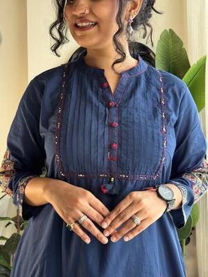 Anarkali cotton printed hand work embroidered kurta with pant and dupatta for women  4