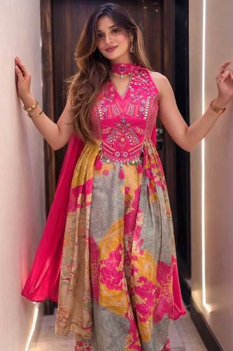 Anarkali silk embrodred printed kurta with pant and dupatta for women 
