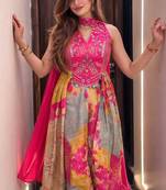 Anarkali silk embrodred printed kurta with pant and dupatta for women 