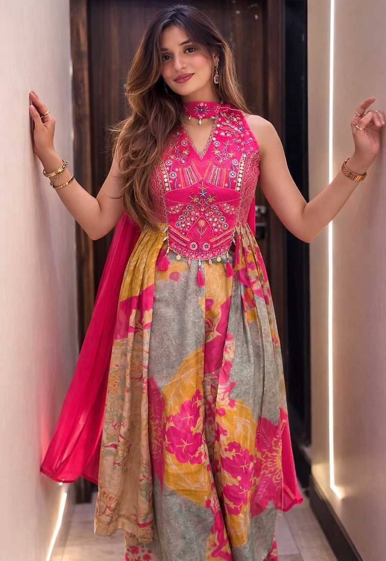 Anarkali silk embrodred printed kurta with pant and dupatta for women 