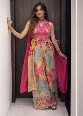 Anarkali silk embrodred printed kurta with pant and dupatta for women  4
